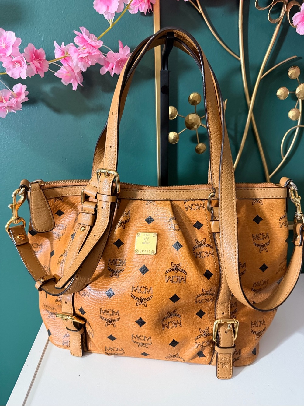 MCM Cognac Visetos Monogram Shoulder Bag